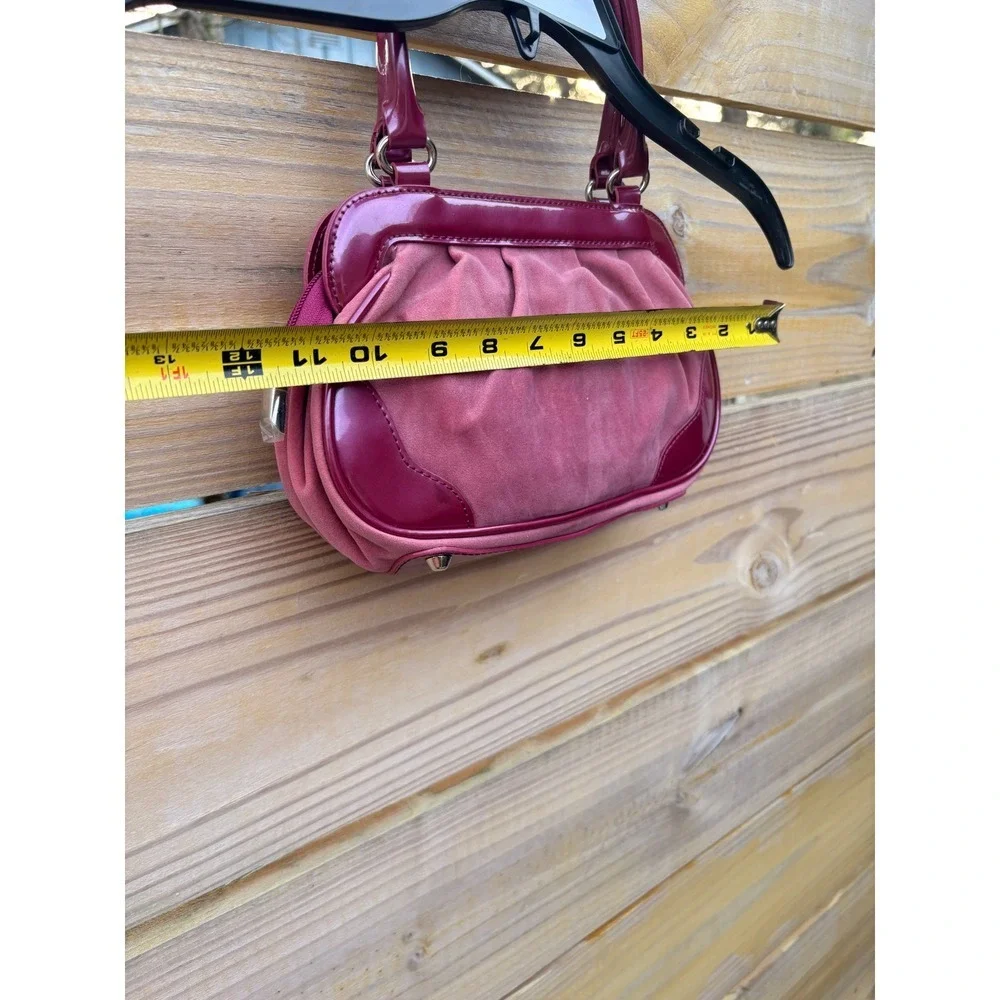 Y2K Beijo Couture Satchel Handbag Mauve Patent Trim Ruched Faux Suede Frame 11in